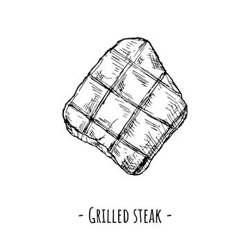 Grilled steak. Vector illustration. Isolated object on white. Hand-drawn. Illustrazione stock