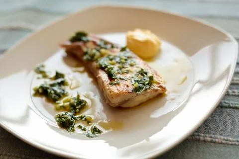 Grilled swordfish with salsa Stock Photos