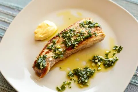Grilled swordfish with salsa Stock Photos