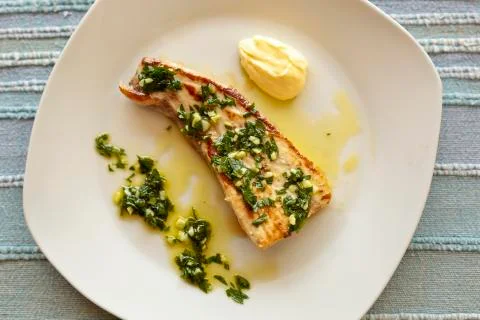 Grilled swordfish with salsa Stock Photos