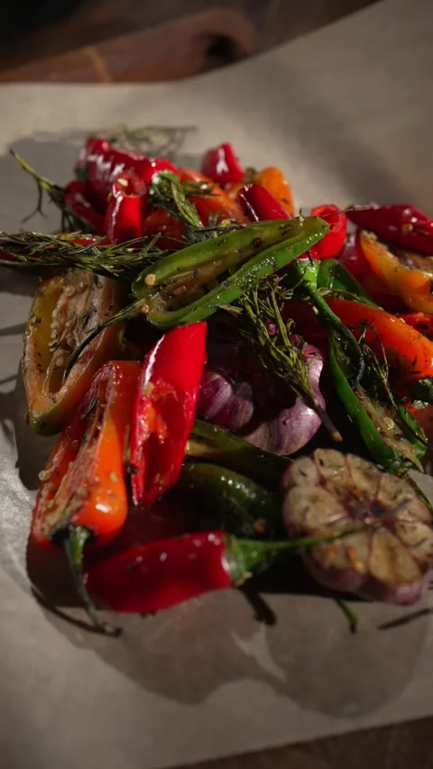 Grilled vegetable salad with spices Video stock 248642770