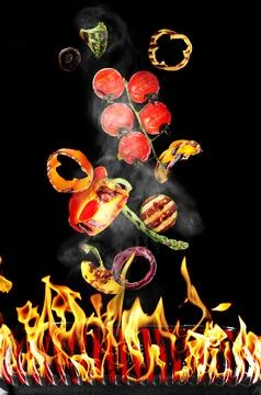 Grilled vegetables in air over flame on black background Stock Illustration