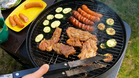 Grilled vegetables and meat - timelapse Stock Footage 89455293