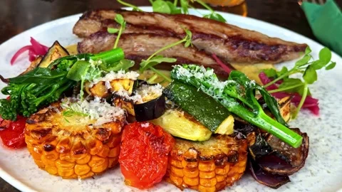 Grilled Vegetables and Roasted Meat on Dinner Plate Stock Footage 340857988