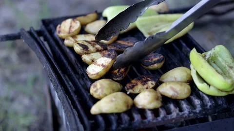 Grilled vegetables. Camping in nature. Vídeo Stock 158173136