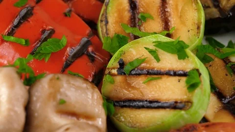 Grilled vegetables, close-up view, bell pepper, zucchini, eggplant, tomato Stock Footage 83161174