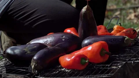 Grilled vegetables, cooking outdoors 스톡 동영상 163914014