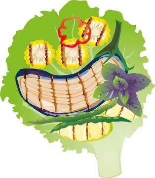 Grilled  vegetables on a lettuce leaf, vector illustration Stock Illustration