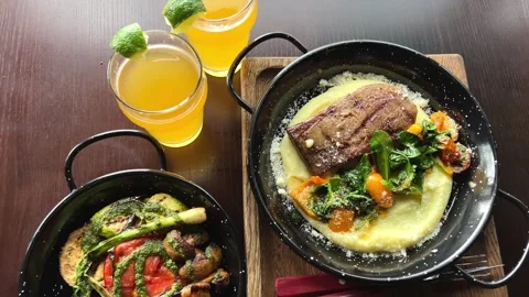 Grilled vegetables mashed potatoes and beef tongue or steak beautiful Stock Footage 274455683