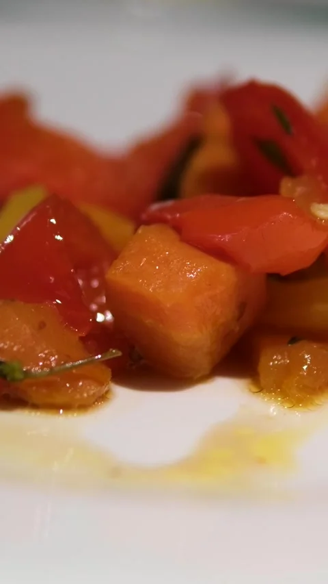 Grilled vegetables pepper set on plate light surface top view rotation food Stock Footage 323926486