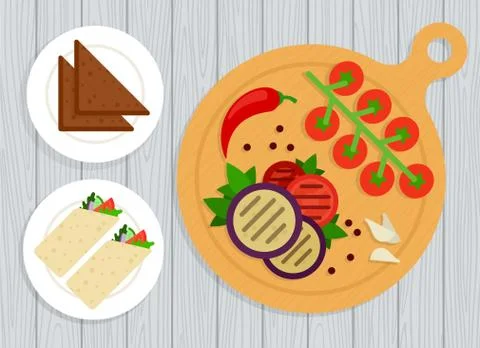 Grilled vegetables, shawarma and bread on plates Stock Illustration