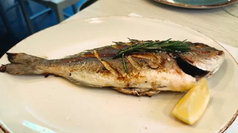 Grilled white fish on a plate served with a lemon wedge and a sprig of rosemary. Stock Footage 310301540