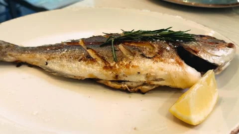 Grilled white fish on a plate served with a lemon wedge and a sprig of rosemary. Stock Footage 316304876