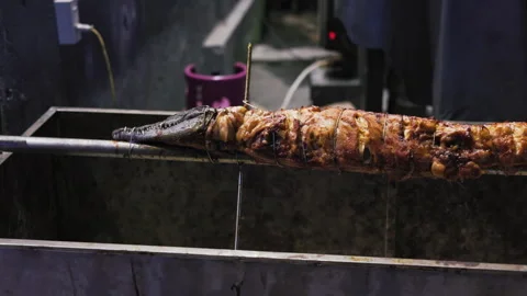 Grilled whole crocodile roasting on a spitfire machine 库存影片 335236826