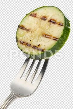 Grilled zucchini slice on fork isolated PSD Template