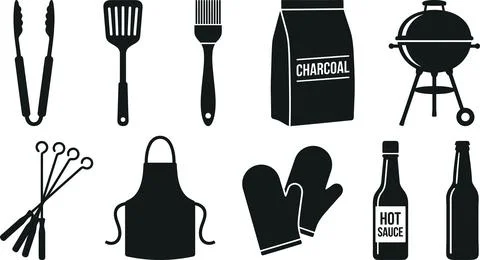 Grilling and barbecue tools set, including tongs, spatula, brush, charcoal,.. Stock Illustration