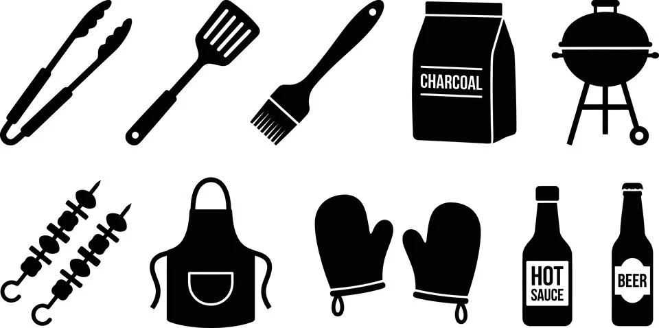 Grilling and barbecue tools set, including tongs, spatula, brush, charcoal,.. Stock Illustration