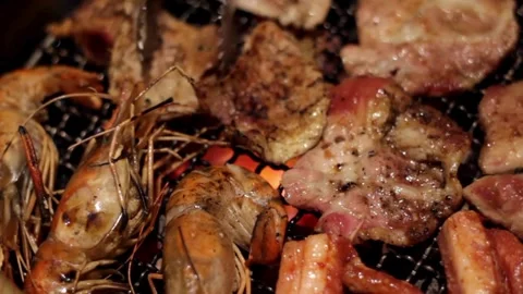 Grilling assorted meat and shrimp on charcoal fire Stock Footage 336231229