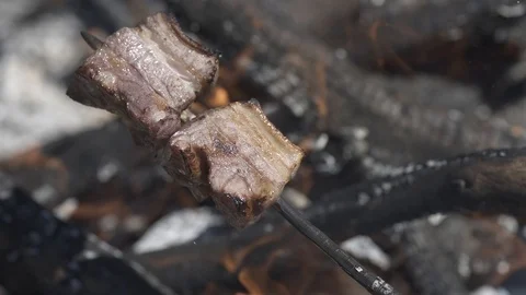 Grilling bacon on a skewer over the fire, stock video Stock Footage 107036484