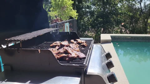 Grilling beef korean bbq beside the pool during the sunny weather Stock-Footage 200862836