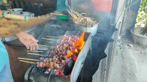 Grilling beef satay Stock Footage 292414859