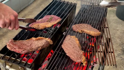 Grilling beef sliced on Charcoal stove. Stock Footage 337227161