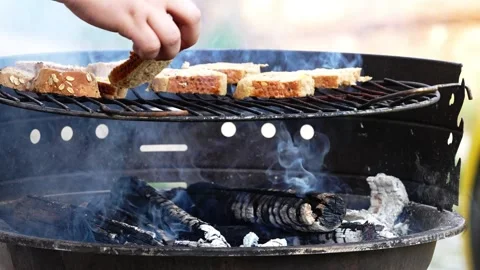 Grilling Bread Flatbreads On Charcoal Barbecue Grill Turning Bread On Hot BBQ Stock Footage 330950142