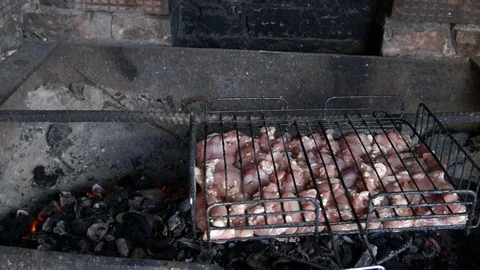 Grilling Chicken on BBQ. Chicken on the grill. Chicken meat cooking on bbq grill Stock Footage 89955734