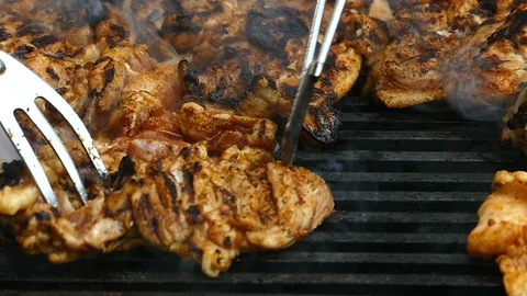 Grilling Chicken Meat, Close Up Stock Footage 96223616