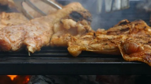 Grilling Chicken Meat, Close Up Stock Footage 96224289