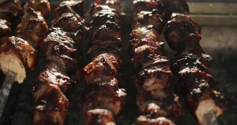 Grilling Chicken Meat Close Up hot Barbecue grill season family enjoy Stock-Footage 336576252