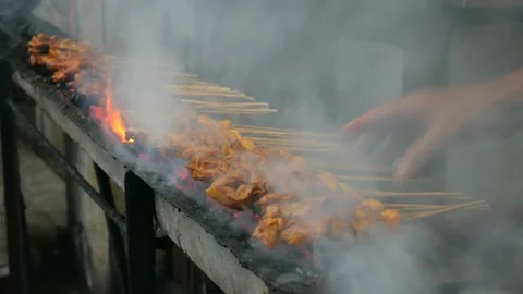 Grilling Chicken Satay Stock Footage 168958328