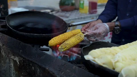Grilling Corn on Open Flame Street Food Stock Footage 315311864