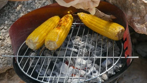 Grilling ears of corn on charcoal process Stock Footage 116525171