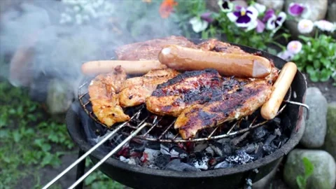 Grilling Fish and Chicken on BBQ – Cooking Animation Stock Footage 307874941