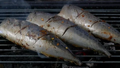 Grilling fish on BBQ grill Stock Footage 276375146