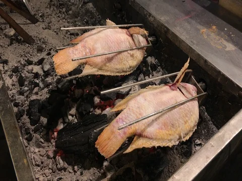 Grilling fish by rotating device at street food market in Chiang Mai Thailand Stock Footage 79192618