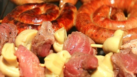 Grilling fresh meat on barbeque Stock Footage 116990083