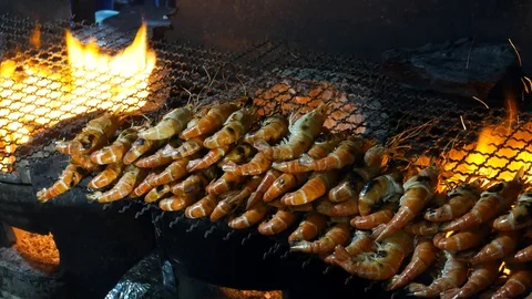 Grilling Giant shrimps Stock Footage 107907524