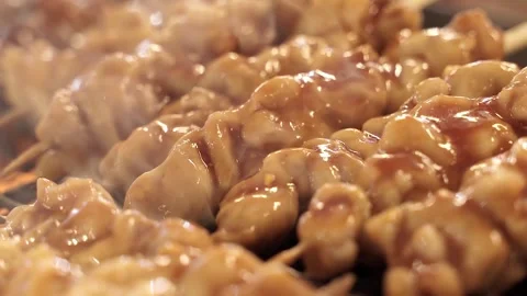 Grilling intestine satay close up Video stock 265934642