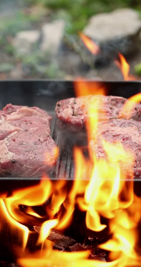 Grilling juicy steaks over an open flame with vibrant fire effects Stock Footage 339073729
