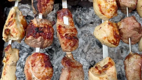 Grilling kebabs Stock Footage 243607404