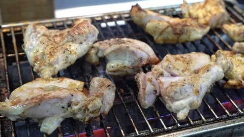 Grilling meat, close-up. Meat cooking over the fire. Stock Footage 342581262