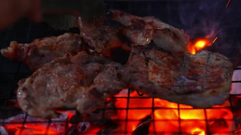 Grilling meat on hot fire flame of slow motion in camping on night 스톡 동영상 228822167