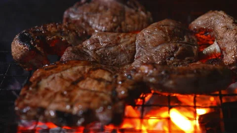 Grilling meat on hot fire flame of slow motion in camping on night 库存影片 228822549