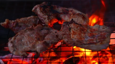 Grilling meat on hot fire flame of slow motion in camping on night 스톡 동영상 228822799