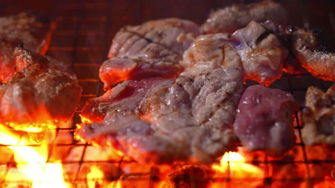 Grilling meat on hot fire flame of slow motion in camping on night 库存影片 228822838