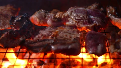 Grilling meat on hot fire flame of slow motion in camping on night Stock Footage 228823236