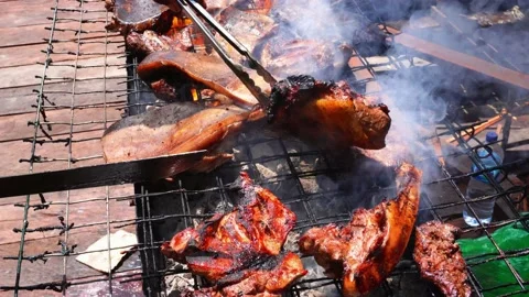 Grilling meat manually 库存影片 228427001