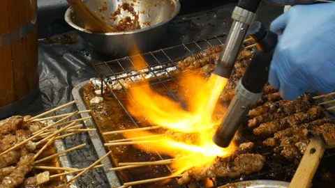 Grilling meat with mini torch Stock Footage 112382607